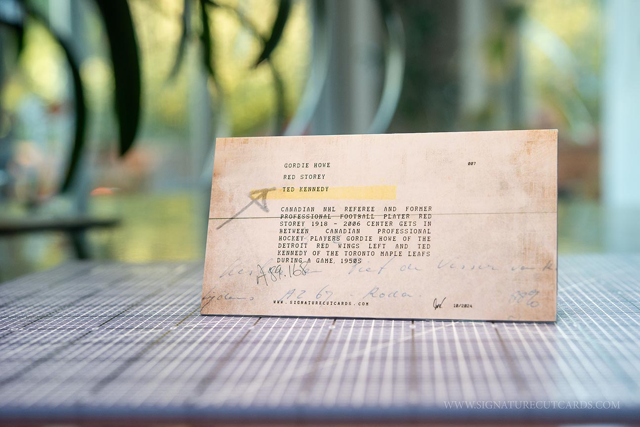 Gordie Howe, Red Storey & Ted Kennedy Detroit Red Wings Vs. Toronto Maple Leafs AP Wirephoto 'Triple Cut' Tallboy Signature Cut Card