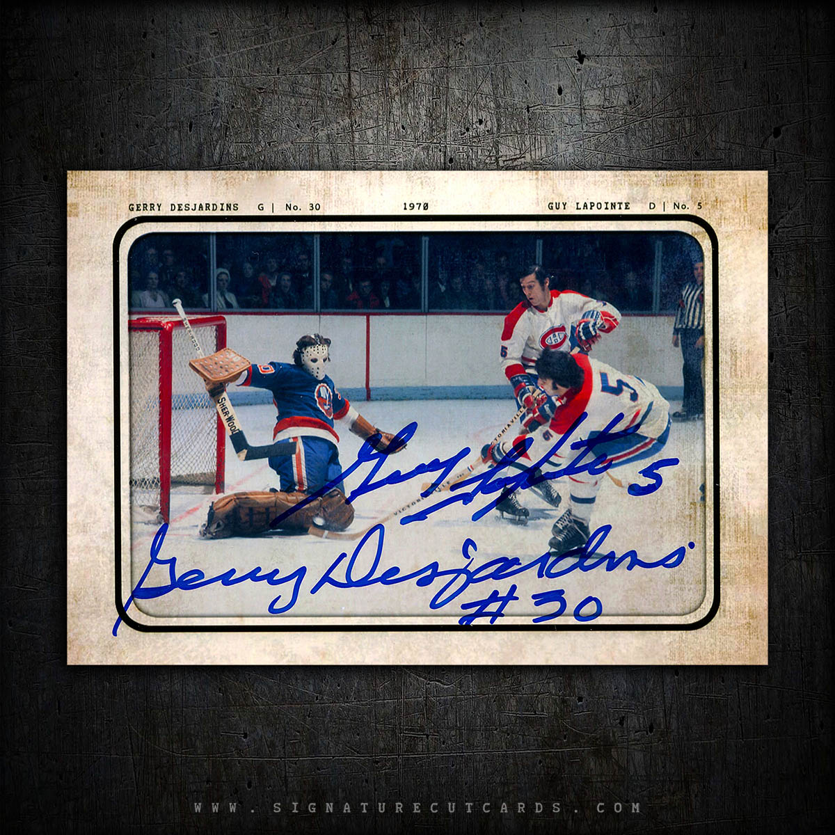 Gerry Desjardins & Guy Lapointe Montreal Canadiens Vs. Buffalo Sabres AP Wirephoto Authentic Hand Signed Card