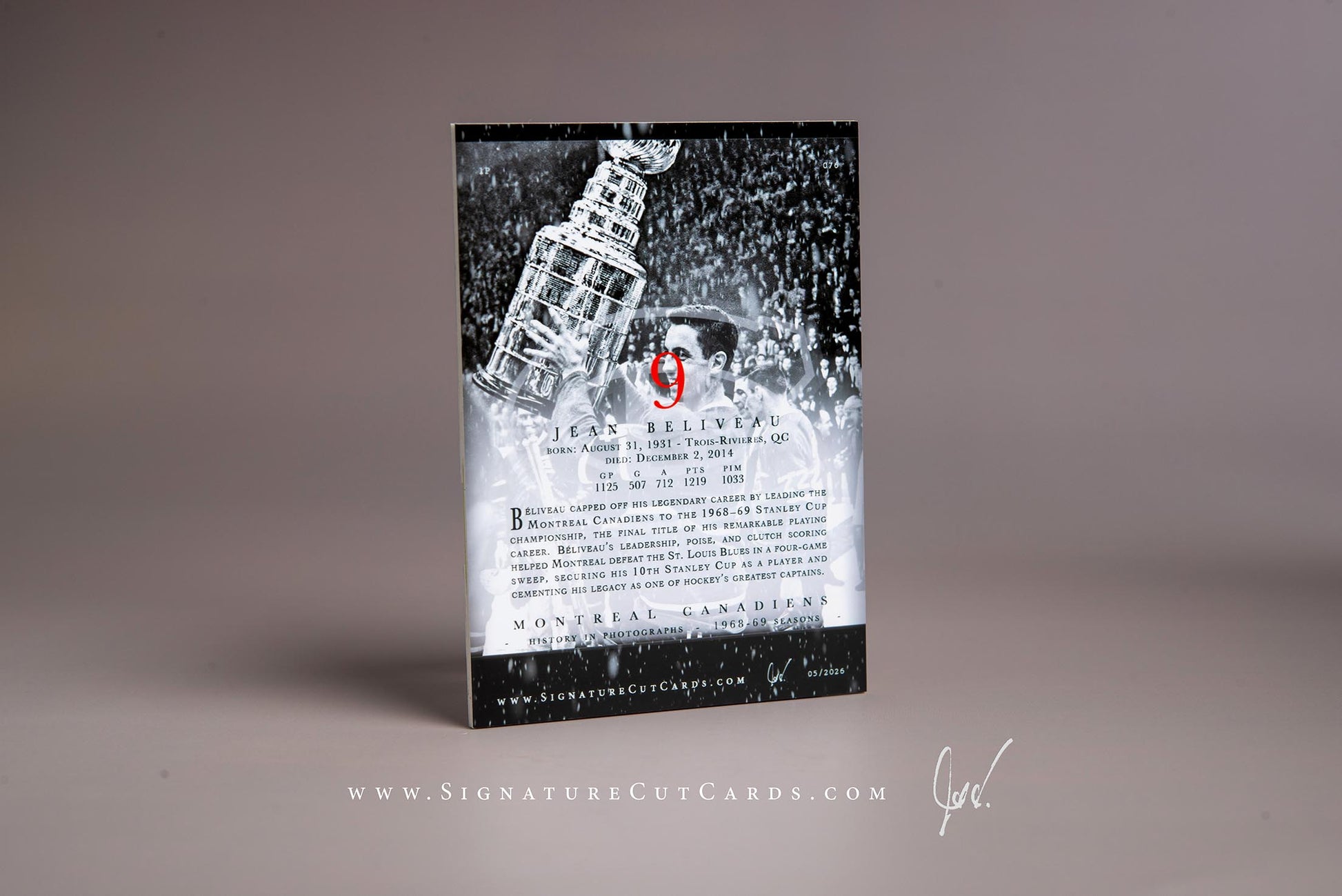 Jean Beliveau Montreal Canadiens History in Photographs Signature Cut Card Back