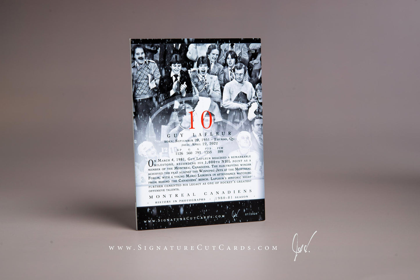 Guy Lafleur Montreal Canadiens History in Photographs Signature Cut Card Back