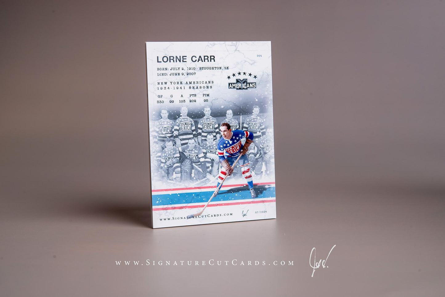 Lorne Carr New York Americans Signature Cut Card Back 