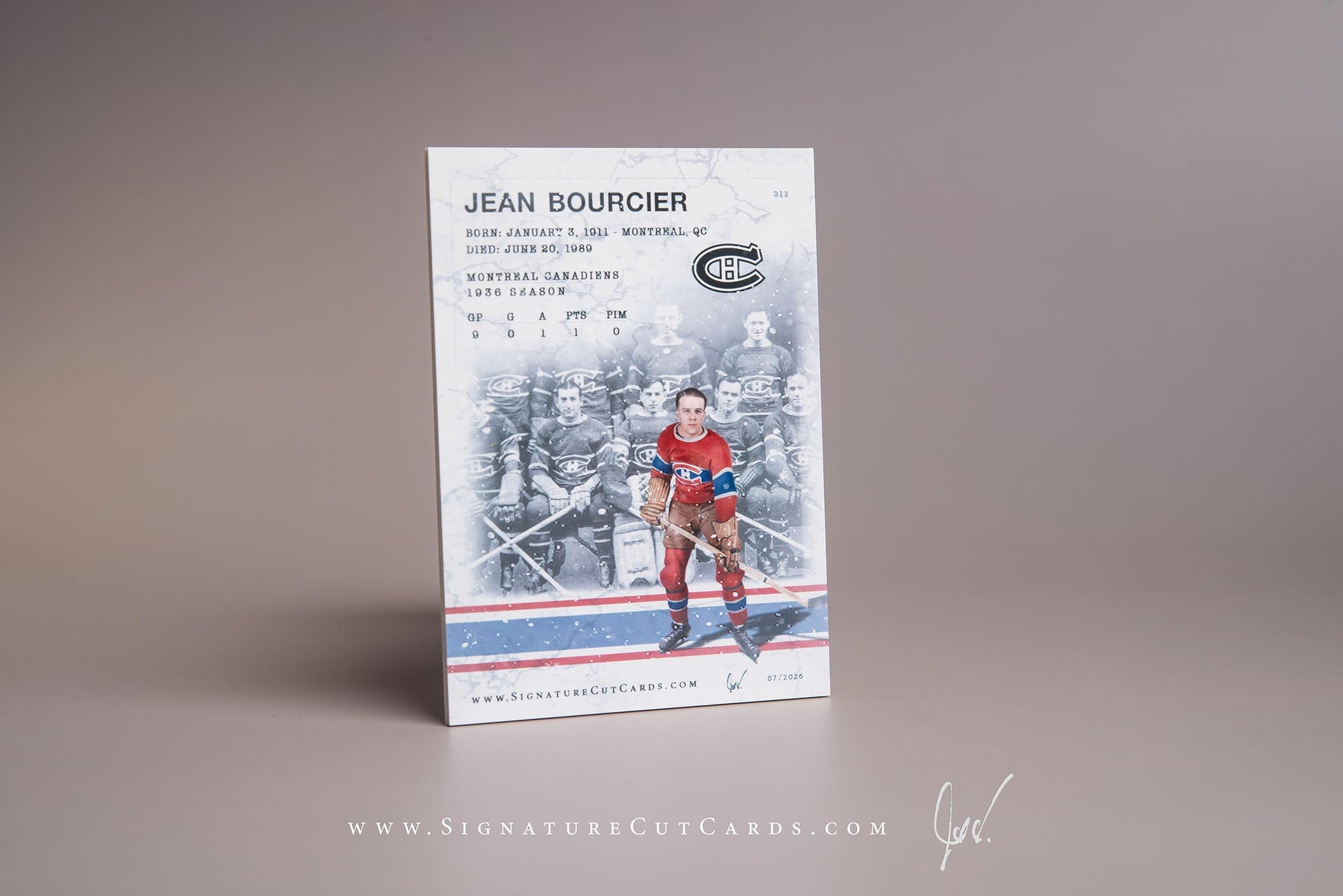 Jean Bourcier Montreal Canadiens Signature Cut Card Back