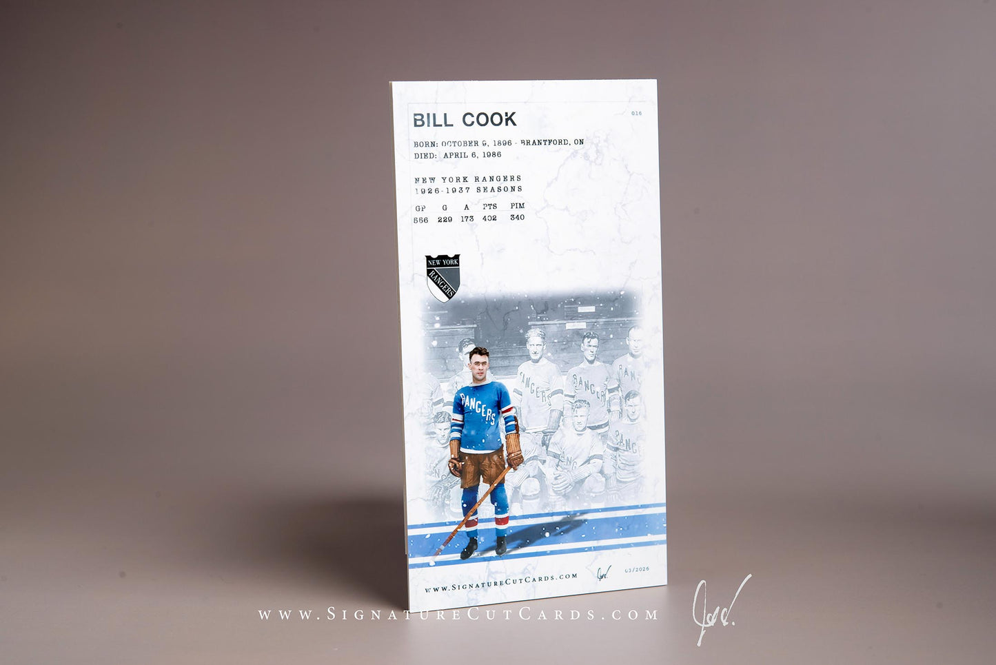 Bill Cook New York Rangers Signature Cut Tallboy Card Back