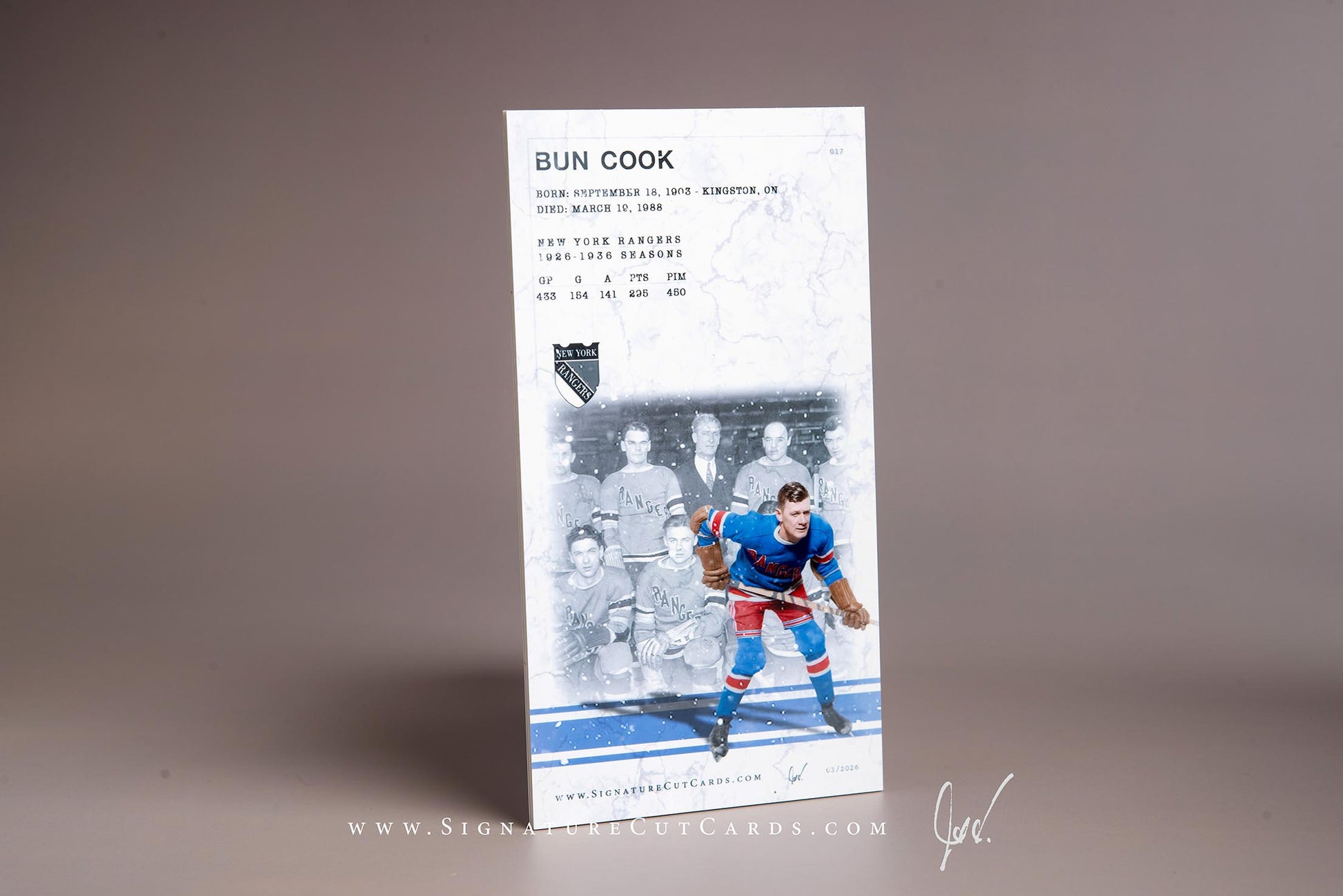 Bun Cook New York Rangers Signature Cut Tallboy Card Back