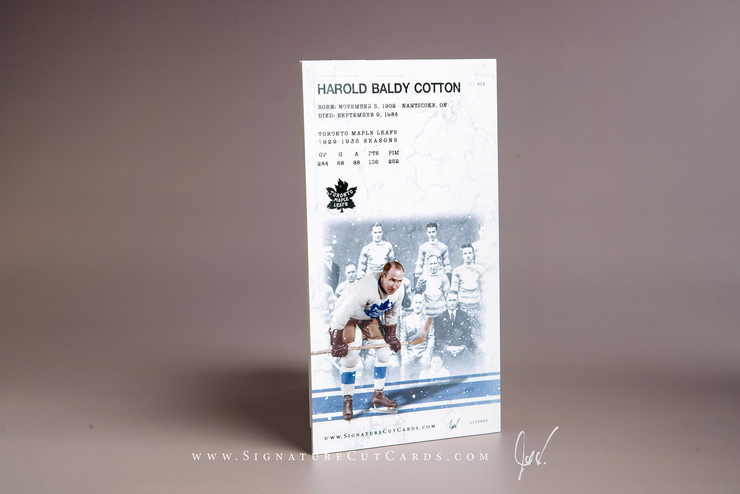 Harold Baldy Cotton Toronto Maple Leafs Signature Cut Tallboy Card Back