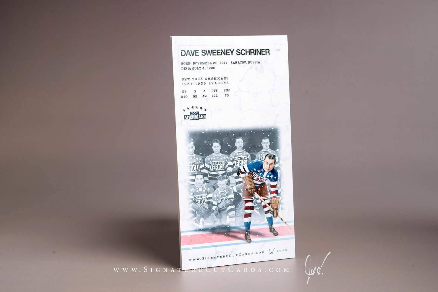 Dave Sweeney Schriner New York Americans Signature Cut Tallboy Card Back