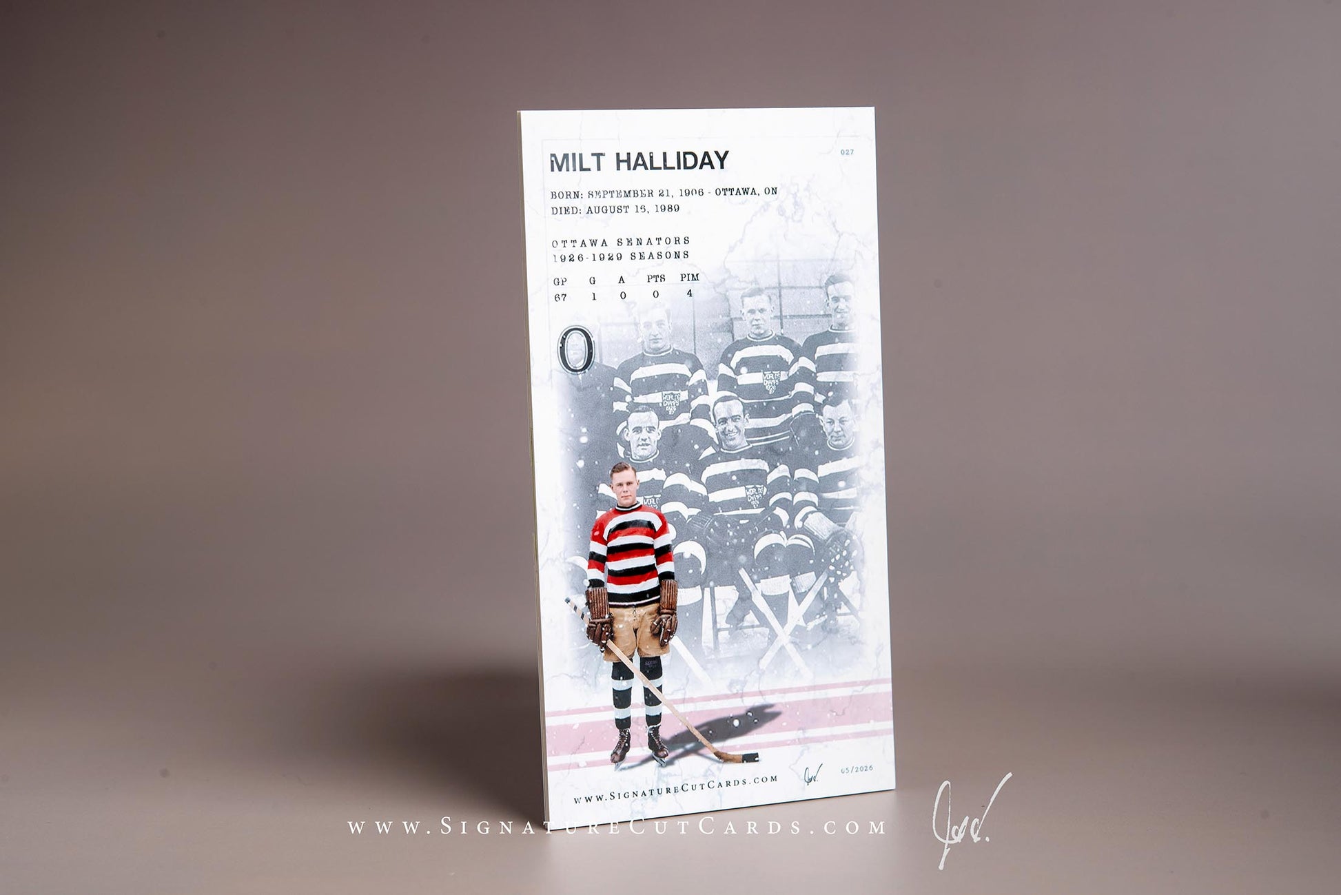 Milt Halliday Ottawa Senators Signature Cut Tallboy Card Back