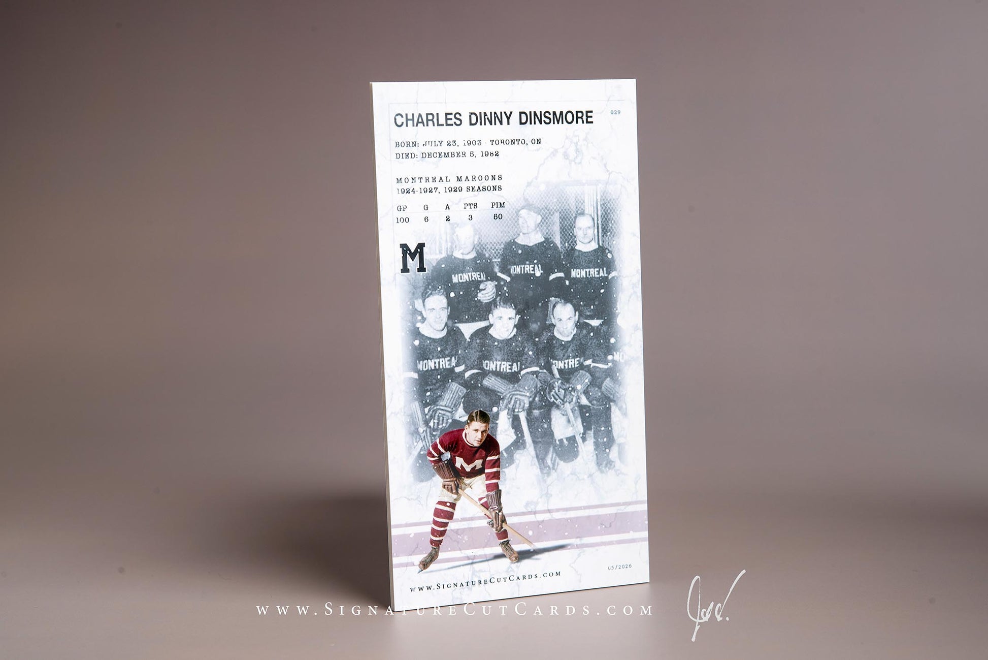 Charles "Dinny" Dinsmore Montreal Maroons Signature Cut Tallboy Card Back