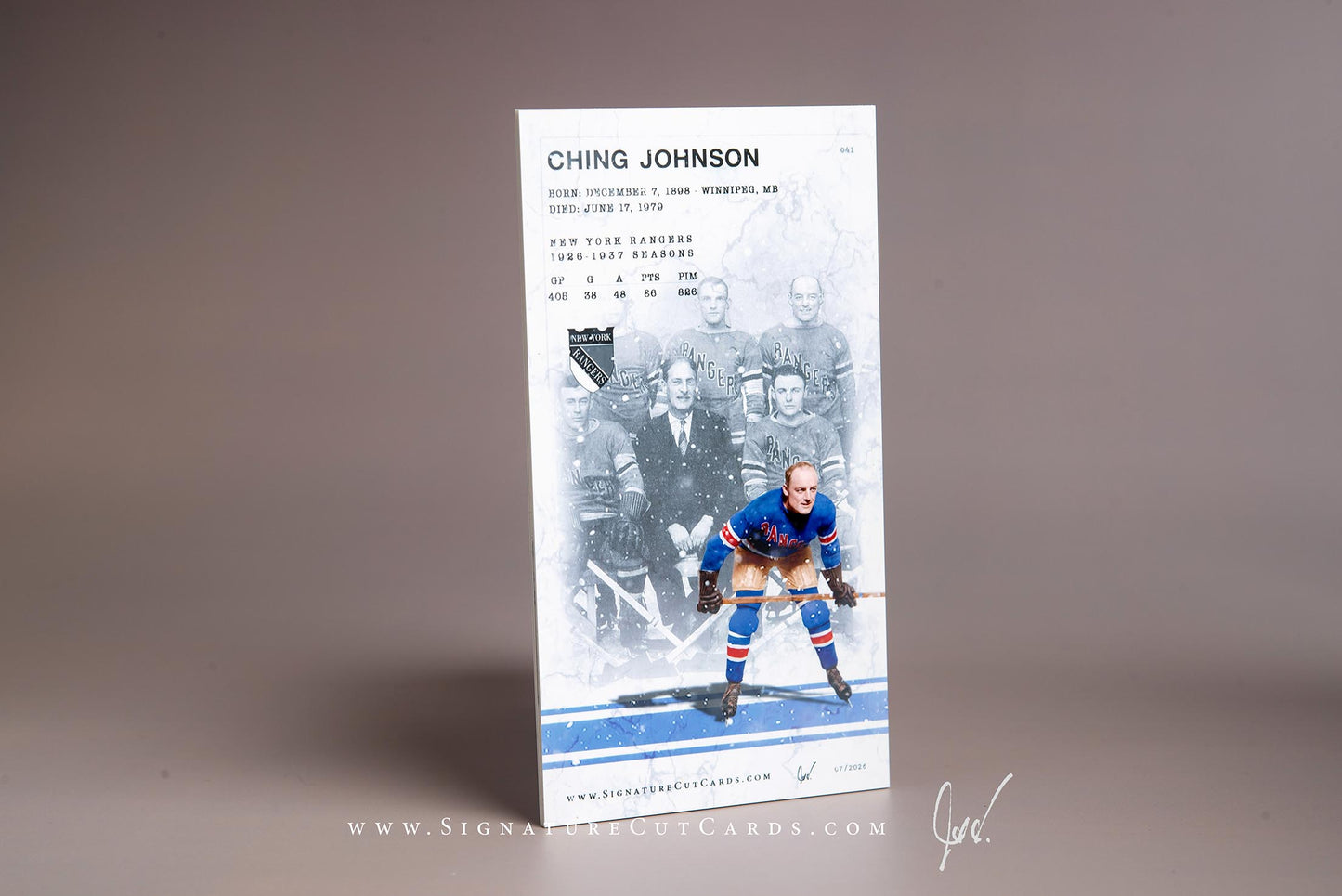 Ching Johnson New York Rangers Signature Cut Tallboy Card Back