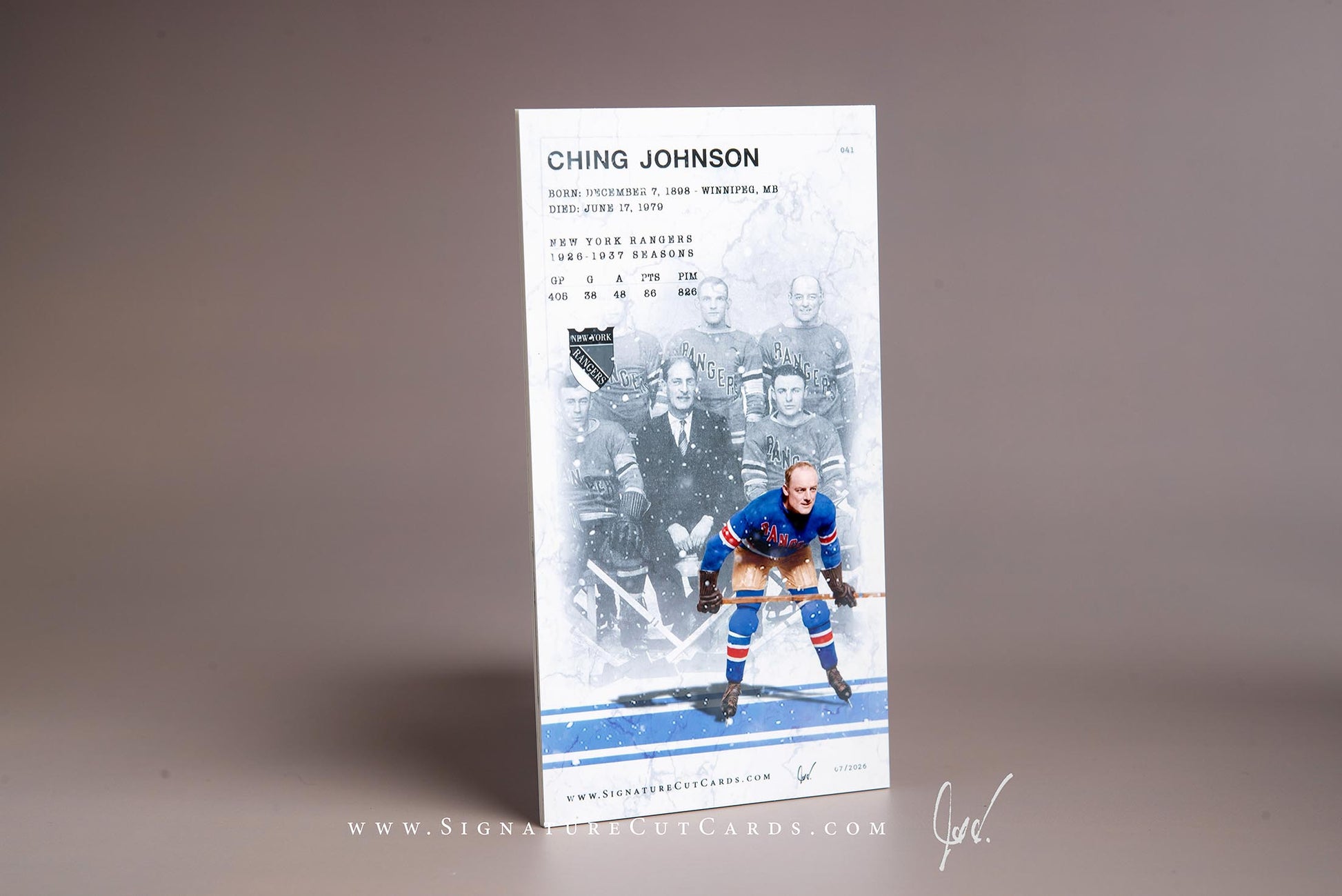 Ching Johnson New York Rangers Signature Cut Tallboy Card Back