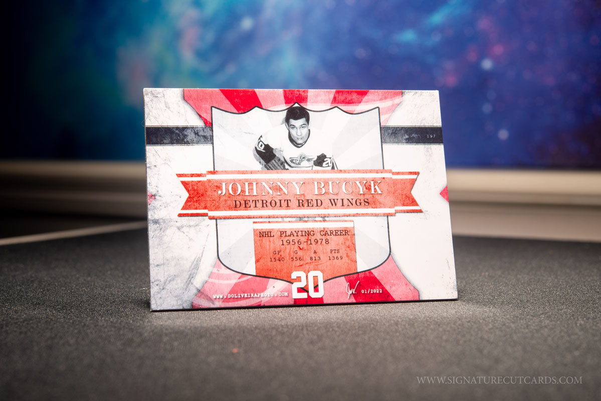 Johnny Bucyk Detroit Red Wings Signature Cut Card Back